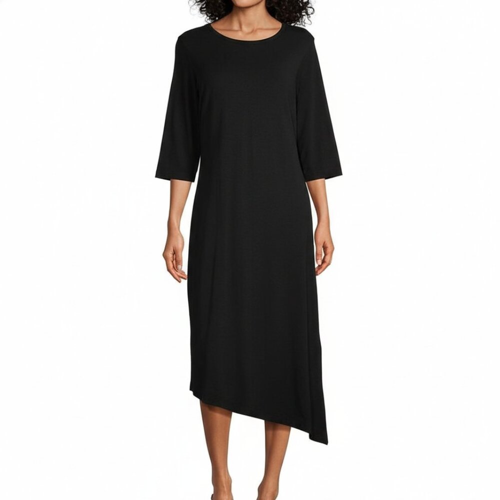 Bryn Walker Black Maxi Bamboo Cotton Round Neck Asymmetrical Hem Dress Size L